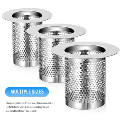 DOITOOL Bathroom Sink Strainer 3Pcs Hair Catcher Shower Drain, Bathtub Drain Cover, Sink Tub Stopper, Deep Stainless Steel Strainer for Bathroom, Fit Hole Size from 1.25 to 2.17