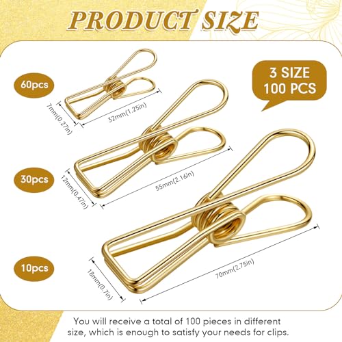 Sabary 100 Pcs Paper Clip Metal Wire Clothespin, Small, Medium, Large, Gold - color: Gold, size: Multi-Size Set (Small, Medium, Large)