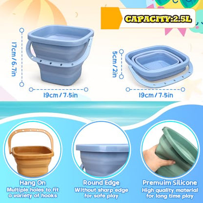 Dilabnba 3-Pack Collapsible Beach Buckets with Mesh Bag, Silicone Sand Water Pails for Kids, Easter Buckets, Portable Beach Toys for Travel, Camping, Fishing, Summer Fun - style: Square