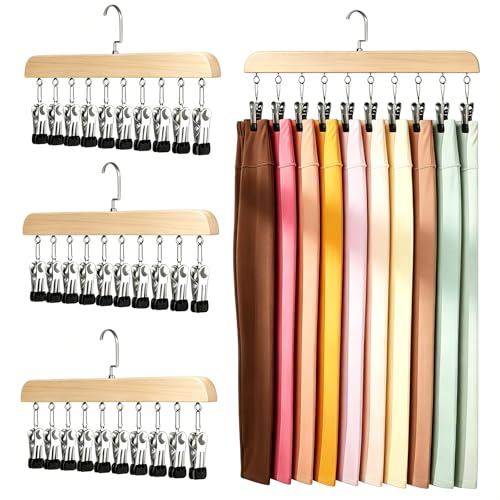 Legging Hangers for Closet Organizer - Pants Hangers with Clips Holds 20 Leggings - 360° Rotating Space Saving Non-Slip Hat Hangers for Closet Hanging Jeans, Shorts, Socks Wooden 4 Pack - color: Wooden