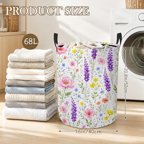 Lavender Floral Laundry Basket, Foldable Oxford Cloth Wildflower Garden Laundry Hamper with Handles, Tote Bag Clothes Storage Bucket for Laundry Room/Bathroom/Bedroom/Dormitories 20.8"x16" - color: Lavender Floral
