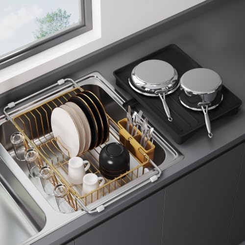 JASIWAY Gold Dish Drying Rack in Sink with Drainboard and Utensil Holder - color: Gold, size: For 12"-30"w Sink, with Drainboard