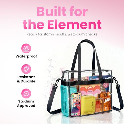 Handy Laundry Clear Bag 12x6x12 Stadium Approved Tote, Zipper Strap - color: Black