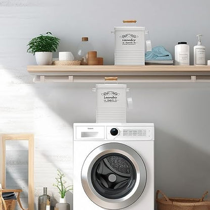 SSTATES Laundry Room Organization Set, Metal Laundry Detergent Pods Container and Dryer Sheet Holder with Lid, Laundry Powder Storage Bin with Scoop for Farmhouse Decor, (2 Pack, White)