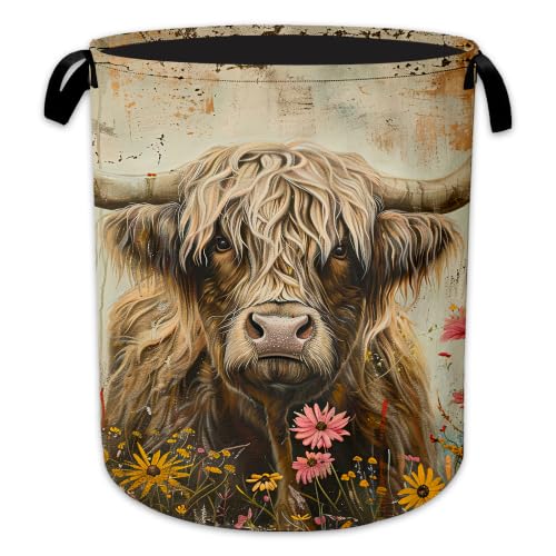 Highland Cow Laundry Basket, Wildflower Garden Collapsible Laundry Hamper Waterproof Oxford Cloth With Handles, Clothes Storage Bucket For Bathroom/Bedroom 16" x 20.8" - color: Highland Cow Wildflower