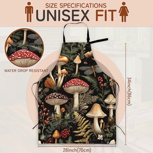 Cooking Aprons for Men and Women,Adjustable Bib Chef Apron with 2 Pockets, Soft and Durability Kitchen Apron - color: Mushroom Berry Dragonfly Forest