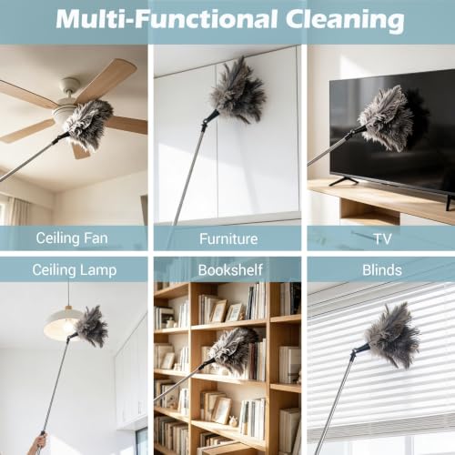 Feather Duster Extendable 22–47 Inch, Natural Ostrich Feather Duster with Long Handle for High Ceilings, Ceiling Fans, Walls，Furniture(Brown) - color: Brown
