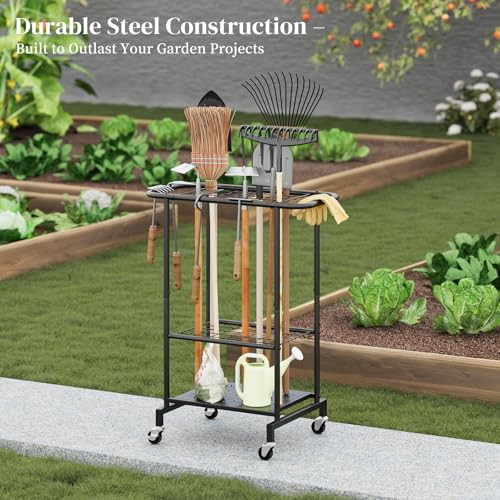 Rolling Garden Tool Organizer, Heavy Duty Steel Yard Tool Rack broom holder - style: Rack with Wheels