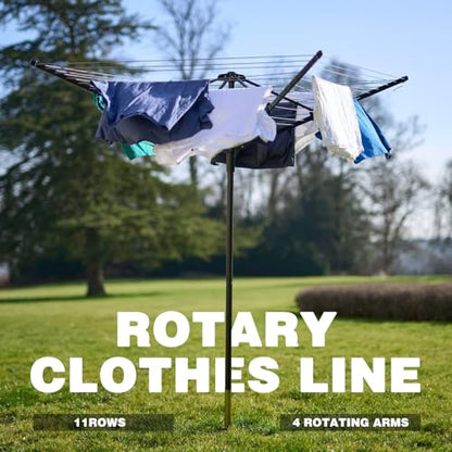 A-xctoe Rotary Outdoor Umbrella Drying Rack Adjustable Height Clothesline w/Waterproof Protective Cover Folding Rotary Dryer with 4-Aluminum Arms and Steel Post | 12-Lines with 165 ft Clothesline