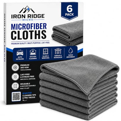Iron Ridge Microfiber Cleaning Cloths 6-Pack, Gray, 12x12, 300 GSM - color: Gray