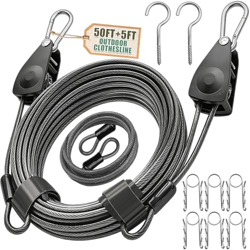 NAZOU Outdoor Retractable Clothesline, 3/16" Coated Steel Wire Rope - size: 50ft+5ft