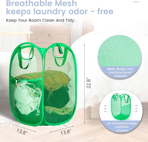 HOUSE AGAIN 2 Pack Strong Mesh Pop Up Laundry Hamper, 70L Collapsible Laundry Basket with Steel Frame, Double‑Stitched Handles & Side Pocket, Foldable Dirty Clothes Hamper for Dorm, Bedroom, Green - color: Green, size: 2-Pack