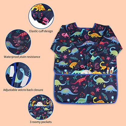 CUBACO Kids Painting Apron, 2pcs Waterproof Art Smocks For Child 3-8 Years, Kids Smocks for Painting Aprons with Long Sleeve - color: Dinosaur Pattern