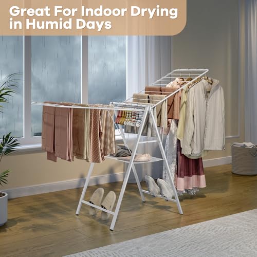 APEXCHASER 6 Height Adjustable Clothes Drying Rack with Shoe Slots, White - color: White