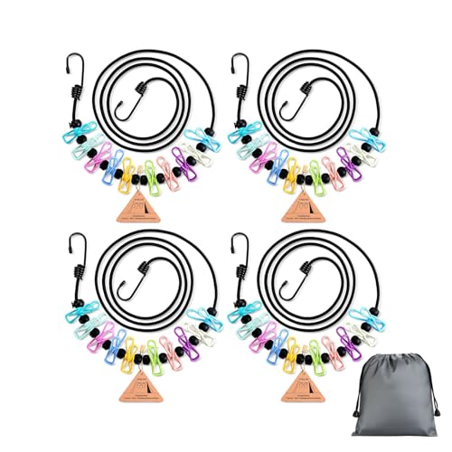 Clothesline Camping Essentials, Elastic Travel Clothes Line Camping Gear for Outdoor Glamping, Cruise and RV Must Haves, 4 Count