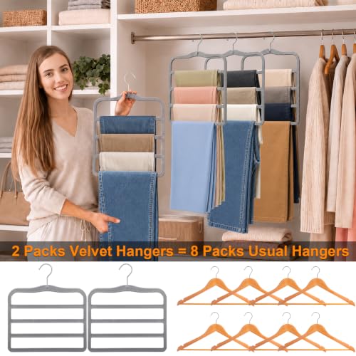 Velvet Pants Hangers Space Saving, 2-Pack Multi-Tier Closet Organizers,Grey - color: 2 Pack-grey
