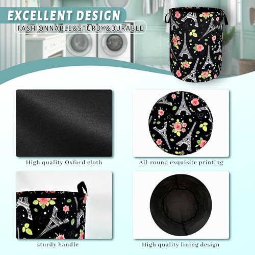 Retro Eiffel Tower Laundry Basket Oxford Cloth Foldable Hamper 18.9x16.5 In - color: Eiffel Tower and Rose Flowers