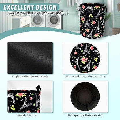 Retro Eiffel Tower Laundry Basket Oxford Cloth Foldable Hamper 18.9x16.5 In - color: Eiffel Tower and Rose Flowers