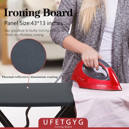 UFETGYG Ironing Board, Metal Panel Iron Board |43" X 13" W/with Iron Rest | Full Metal Construction| Height Adjustable | Heat & Scorch Resistant Fabric | Anti-Skid Feet | Heavy Duty| Easy to Fold - color: Black