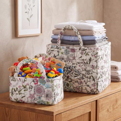 2 Pcs Quilted Fabric Storage Basket with Handles Large Capacity Laundry Basket Boho Foldable Floral Laundry Organizer Bin for Home Picnic Shopping Travel - style: Floral