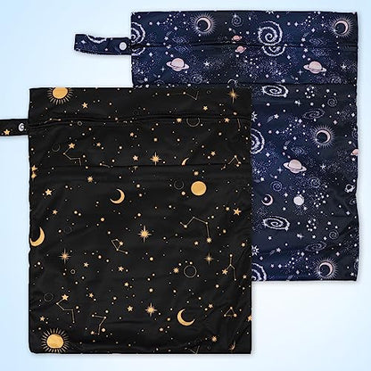 2pcs Travel Waterproof Laundry Bag, Cloth Diaper Wet Dry Bags with Handle & 2 Zipper Pockets, Reusable Washable Dirty Clothes Bag for Baby Adult Travelling Hanging, Bathing Beach Pool Daycare - color: Galaxy