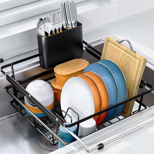 TOOLF Dish Drying Rack in Sink with Utensil Holder, RV, Apartment, Black - size: XLarge Size