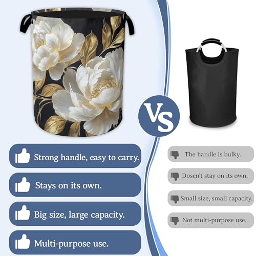 White Flowers Laundry Hamper With Handle,Foldable Oxford Cloth Glitter Blooming Laundry Basket,20.8"x16" Clothes Storage Basket for Laundry Room/Bedroom/Bathroom - color: White Flowers Glitter Blooming