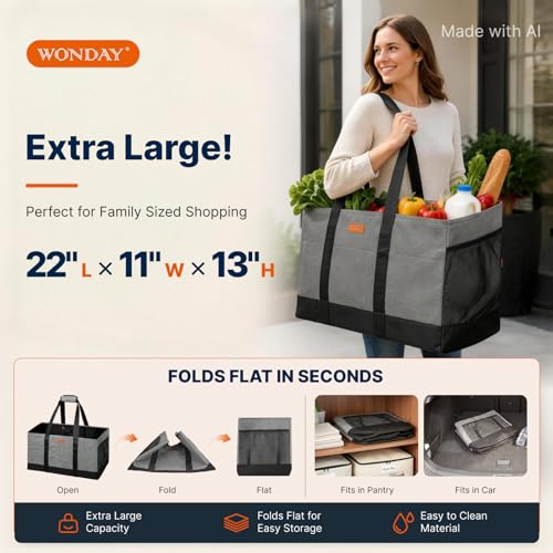 WONDAY Grey Foldable Utility Tote Bag, Reusable Grocery Bag - color: Grey
