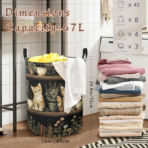 Cat Laundry Basket with Handles,Bookshelf Waterproof Clothes Organizer Bin Collapsible Storage Basket for Bedroom Bathroom Dorm Room 16" x 20.8" - color: Cat Bookshelf