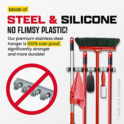 Wall Mount Hanger for Brooms & Mops - Adhesive Stainless Steel Mops & Broom Holder, 4 Clamps, 3 Hooks, & 5 Towel Hanger Clips Including Mounting Hardware for Utility Room Organization - color: 1 Pack - 4 Clamps