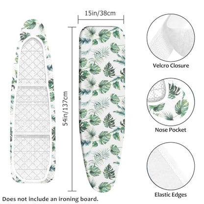 Padded Ironing Board Cover, 15 * 54 in Standard Size Ironing Board Covers, Easy Hook and Loop Fastener, Universal Fit for Standard Boards - color: Green Leaves