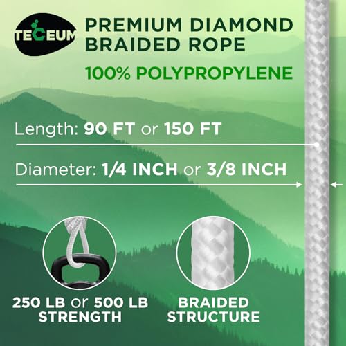 TECEUM Clothes Line & Flag Pole Rope – 1/4” & 3/8” – 90 FT | 150 FT – White - size: 1/4" - 90 FT (27.5M)