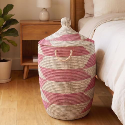 Large Decorative Storage Basket with Lid, 18" Wide x 23" Tall, Pink & White Woven Basket, Stylish Organizer for Bedroom, Bathroom, Nursery & Home - color: Pink White