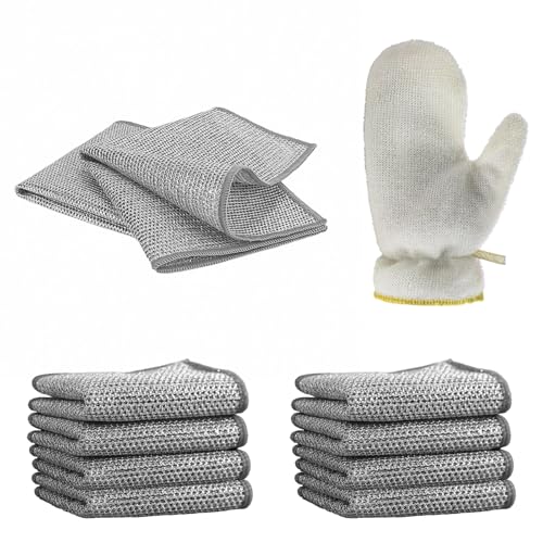 Wire Cleaning Dishwash Cloth 10pcs with 1 Glove Reusable Kitchen Fibras Washcloths for Washing Dishes, Wire Dishwashing Rags