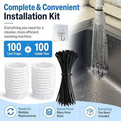 100 Pack Upgraded Lint Traps for Washing Machine Hose with Double-Layer Bottom Filter - Pet Hair Remover & Drain Hose Filter to Prevent Clogs, Universal Laundry Lint Snare for Washer