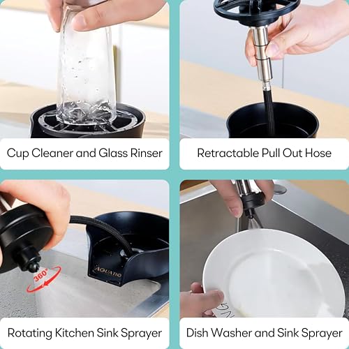 2-in-1 Glass Rinser & Sink Sprayer Attachment – High Pressure Cup Washer for Kitchen Sink – Matte Black Bottle Cleaner -Stainless Steel Cup Cleaner (Fits Standard Counter Holes) - color: Black