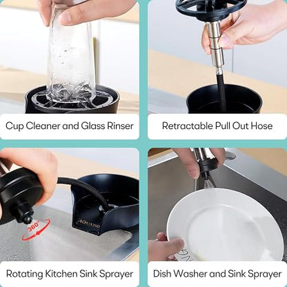 2-in-1 Glass Rinser & Sink Sprayer Attachment – High Pressure Cup Washer for Kitchen Sink – Matte Black Bottle Cleaner -Stainless Steel Cup Cleaner (Fits Standard Counter Holes) - color: Black