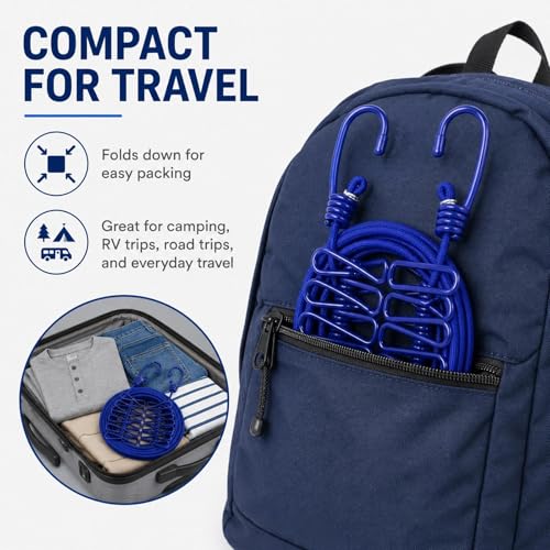 Portable Clothesline with 12 Clips, Stretch Travel Drying Rope with Stainless Steel Hooks for Camping Indoor Use.(Blue) - color: Blue
