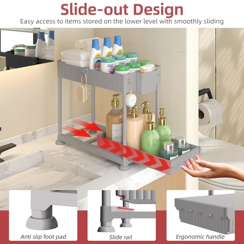 Sevenblue 4-Pack 2-Tier Under Sink Organizer with Pull Out Drawers - color: Gray, size: 12.8 Inch