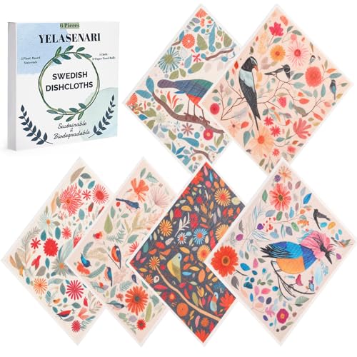 Swedish Dishcloths for Kitchen Reusable 6 Pack Kitchen Towels No Odor Quick-Drying Reusable Paper Towels Reusable Paper Towels Washable for Countertop Sink Kitchen Flower Bird - color: Bird Flower