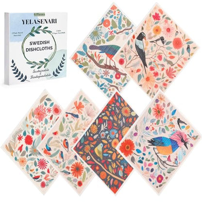 Swedish Dishcloths for Kitchen Reusable 6 Pack Kitchen Towels No Odor Quick-Drying Reusable Paper Towels Reusable Paper Towels Washable for Countertop Sink Kitchen Flower Bird - color: Bird Flower