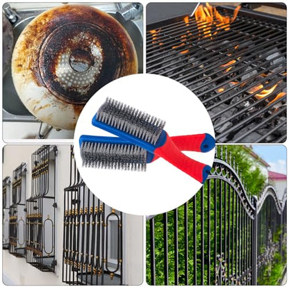 Wire Brushes 2 Pcs Steel Brushes Heavy Duty Carbon Steel and Stainless Steel Wire Scratch Brush with Rubber Ergonomic Handle (16x3.5cm)