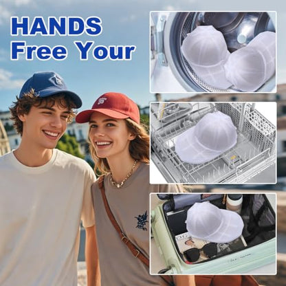Baseball Cap Washer Frame for Washing Machine, Hat Washer Cage for Flat and Curved Hats with Mesh Laundry Bag, White PP Plastic, Fits Adult and Kids, 2 Pack