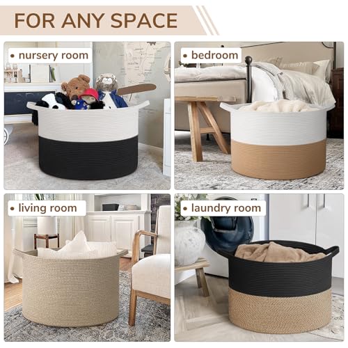 INDRESSME 115L Extra Large Woven Rope Blanket Basket Living Room, Mix Black - color: Black & Mix Camel, size: 23.6"D x 15.7"H