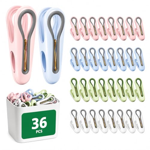 36 Pack Multicolor Plastic Clothespins with Storage Box, Heavy Duty 2.5" Chip Clips with Non-Slip No-Trace Grip, Windproof Laundry Clips for Clothes, Towels, Food Bags, Crafts, Indoor & Outdoor Use - color: Multicolor