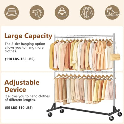 Hoctieon Double Rod Z Rack,Rolling Clothes Racks with Z-Base, Adjustable Clothing Rack, Standing Clothes Rack, Metal Clothing Racks for Hanging Clothes, Portable Garment Rack,Set of 2,Chrome - color: Chrome (2 Pack)