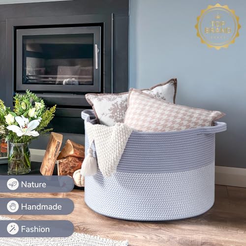 INDRESSME XXXLarge Woven Rope Blanket Basket Living Room Blue, 90L - color: Blue & White, size: 21.7"D x 13.8"H