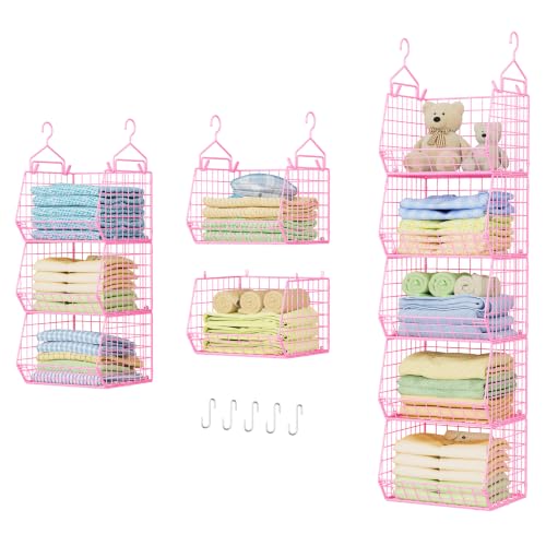 5 Tier Closet Hanging Organizer, Clothes Hanging Shelves with 4 Hanging Hooks 5 S Hooks, Wire Storage Basket Bins, for Clothing Sweaters Shoes Handbags Clutches Accessories Patent Design-Pink - color: Pink