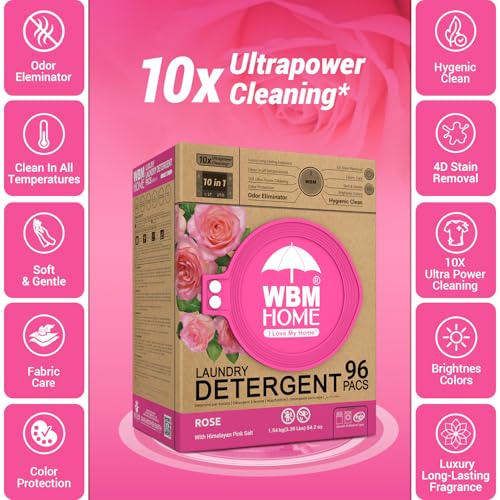 WBM Home 10-in-1 Laundry Pods, Total 96 Count, Ultra Concentrate with Powerful Stain Lifter Technology, Fabric Softener With Rose Extracts, Detergent Pods - size: 96 Count (Pack of 1)