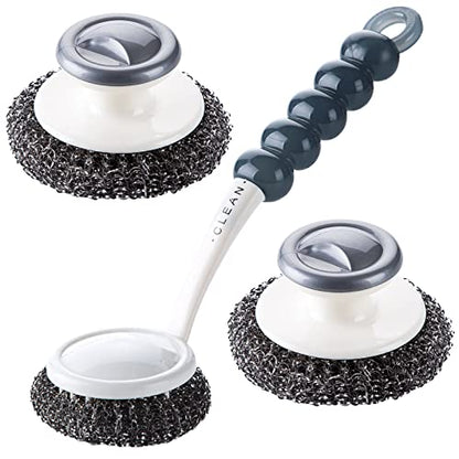 Stainless Steel Wool Scrubber with Handle, Heavy Duty Pot & Dish Scrubber Cleaning Brush Wash for Dish, Stainless Steel Scrubbing Brushes Cleaning Supplies for Pots, Pans, Grills, Sink (3)
